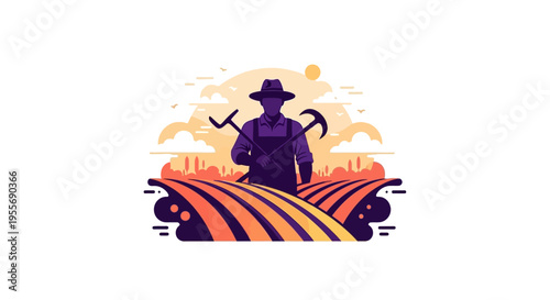 Vector illustration of a farmworker standing in a field with a hoe, celebrating labor rights and farmworker unity on Cesar Chavez Day with a silhouette design
