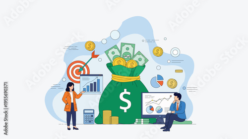 Business people analyzing financial data with money bag and charts