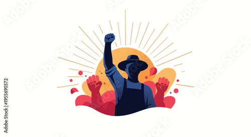 Illustration of a farm worker in solidarity with raised fist and sunburst design, symbolizing labor rights and worker empowerment on Cesar Chavez Day