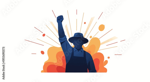 A blue silhouette of a farmworker in overalls and a hat with a raised fist, set against a vibrant orange and yellow background with lines radiating from behind, symbolizing worker