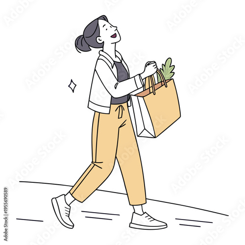 A cheerful lady strolls through vibrant stores, carrying stylish bags and admiring new finds. She enjoys every moment, blending fashion, fun, and a touch of indulgence.
