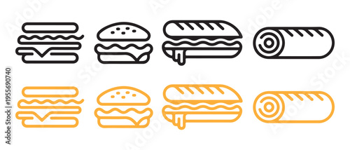 Fast food outline icons set. with burgers, subs, and wraps in clean minimalist vector illustration..