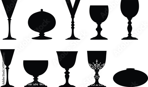 A diverse collection of elegant black silhouette wine glasses and ornate chalice icons on a white background, perfect for luxury catering, celebration events, and vintage design.