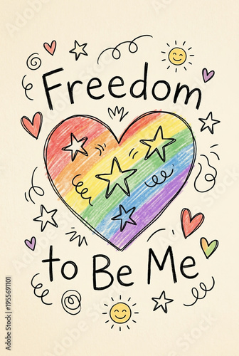 Poster in a minimalist style, like a child's drawing, with hand-drawn lines. Contains the text “Freedom to Be Me”. To celebrate LGBTQ+ Pride Month, inclusivity and equality. 
