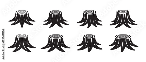 Multiple black and white tree stumps, showing exposed growth rings and roots, clean minimalist flat design vector illustration.