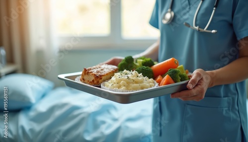 Nurse brings food tray with chicken mash and vegetables to patient in hospital room. Healthy meal for sick person recovery in care facility during day. Nourishing food.