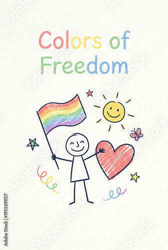 Poster in a minimalist style, like a child's drawing, with hand-drawn lines. Contains the text “Colors of Freedom”. To celebrate LGBTQ+ Pride Month, inclusivity and equality. 