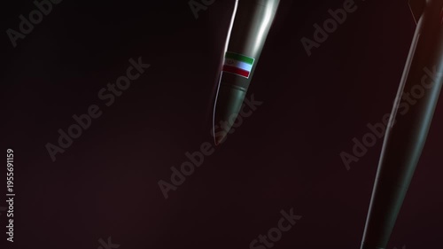 Dynamic shot: an Iranian ballistic missile rapidly flies towards its target against a desert landscape.