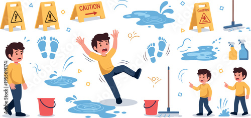 Slippery floor accident vector illustration with man falling water puddles caution signs cleaning tools and safety awareness concept