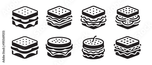 Modern layered sandwich and burger icons in a clean black and white flat design style, graphic vector illustration.