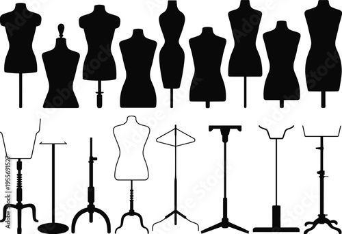 Black silhouette set of fashion mannequins dress forms and garment display stands isolated on white background for sewing studio tailor shop retail design
