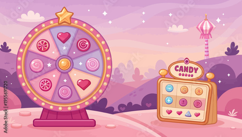 A colorful cartoon illustration of a candy wheel and slot machine