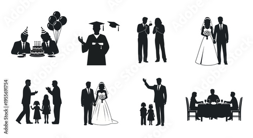 Silhouettes of people celebrating various life events.