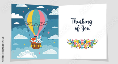 Cute animals in a hot air balloon wishing you well