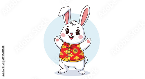 Happy cartoon rabbit in traditional Chinese vest celebrating Chinese New Year