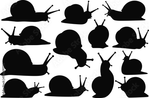 Black snail silhouettes set isolated on white background, various garden slug gastropod shapes for nature illustrations, animal vector icons, wildlife design elements, and organic slimy mollusk