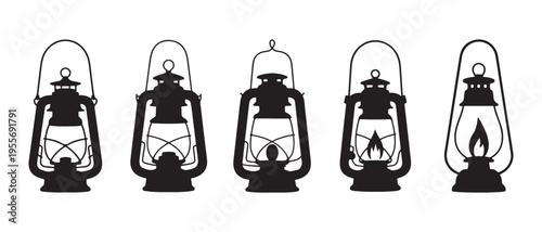 Collection of Vintage Oil Lanterns Depicted as Clean Black Silhouettes, Vector Illustration.