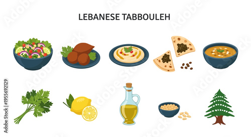 Lebanese Tabbouleh Salad Ingredients Illustration.