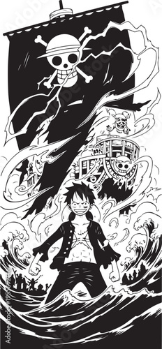 Black and white anime pirate vector illustration