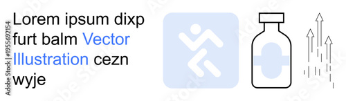 Medical progress, physical fitness, pharmaceutical industry, growth, health innovation, and healthcare improvement. A medicine bottle, running figure and upward arrows. Medical progress and physical