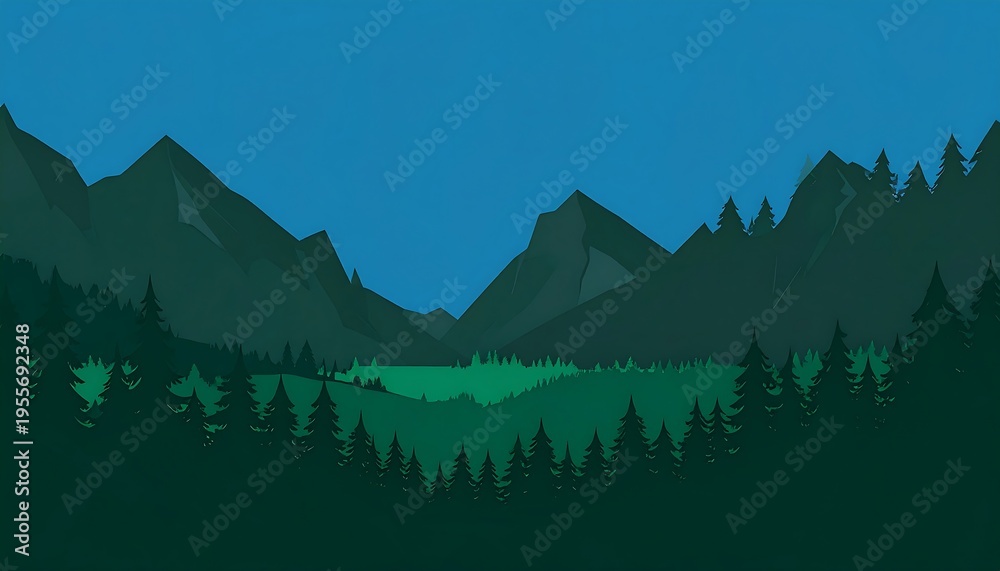 Fototapeta premium A serene valley with lush green trees is nestled between majestic, geometrically styled mountains. AI Generative