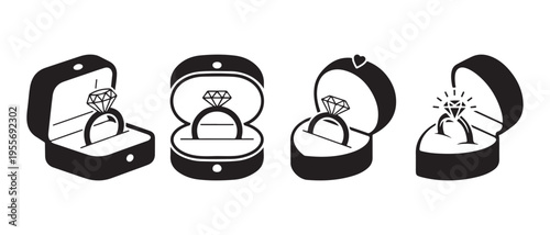 Collection of Shining Diamond Engagement Rings in Elegant Open Jewelry Boxes Flat Design Vector Illustration.