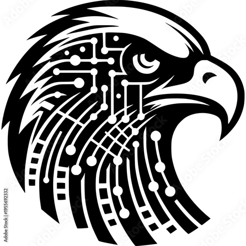 Cyber Eagle: A stylized illustration of a cyber eagle, its form intricately melded with circuit board elements, epitomizes the fusion of nature's majesty and technological advancement.
