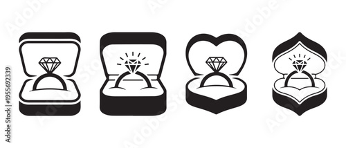 Diamond engagement ring in open jewelry boxes set, vector illustration.