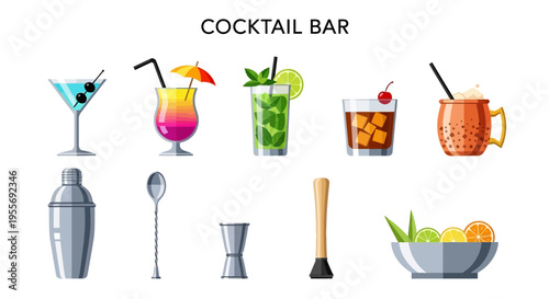 Cocktail bar with various drinks tools.