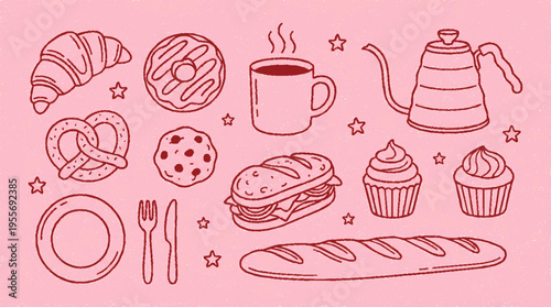 Delicious coffeehouse snack illustration set with baked goods cup kettle on pink background