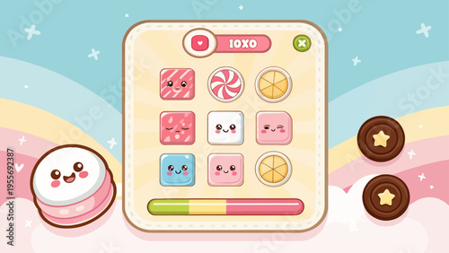 A colorful cartoon illustration of a mobile game screen with sweets and a smiling marshmallow character