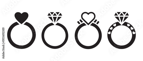 Set of minimalist flat design engagement and wedding rings with heart and diamond shapes, black vector illustration.