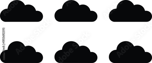 Set of black cloud silhouettes and flat icons for weather forecasting web interface design sky atmosphere symbols and nature climate graphic elements isolated on white background