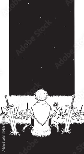 Vector illustration of a person sitting among swords under a starry night sky