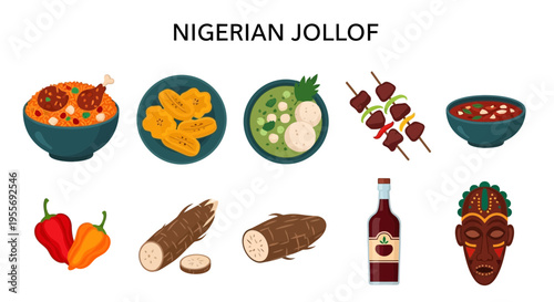 Nigerian Jollof Rice Food Ingredients Illustration.