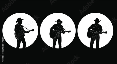 Set of Three Vector Silhouettes of a Country Music Singer Wearing Cowboy Hat Playing Acoustic Guitar Inside Circular Spotlights on Black Background for Concert Posters