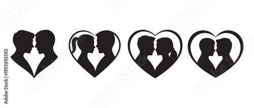 Loving Couples Silhouettes Inside Heart Shapes on White Background, Flat Design Vector Illustration.