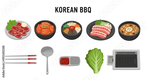 Korean BBQ food and utensils illustration.