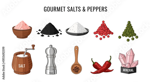 Gourmet Salts and Peppers Assortment Illustration.
