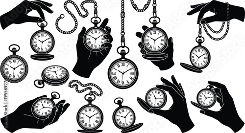 Vintage pocket watch silhouette collection featuring elegant hands holding antique timepieces with chains and Roman numerals for classic time concepts and historical design elements