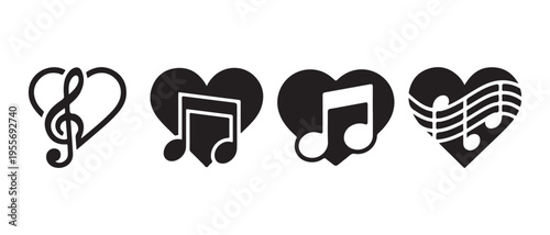 Heart-shaped music notes and treble clef icons representing love for melody in minimalist flat design vector illustration.