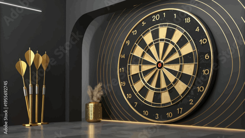 A luxurious gold and black dartboard with darts in a modern room