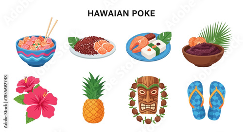 Hawaiian Poke Food and Culture Icons.