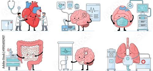 Human organs medical treatment collection with doctors equipment and healthcare diagnostics cartoon vector illustration set