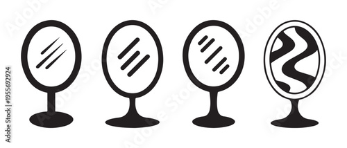 Set of four stylized desktop mirrors with different reflections in minimalist flat design, vector illustration.