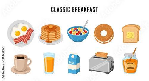 Classic breakfast food and drink items.