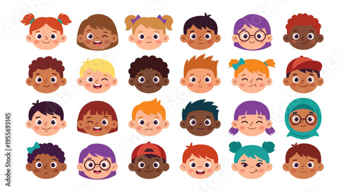 Diverse children avatars in cute cartoon style | Large collection of multiethnic boy and girl character faces for school and education profile icons