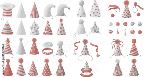 Party hats and decoration elements collection with confetti ribbons and festive accessories vector illustration set