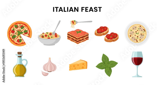 Italian feast food and drink variety.