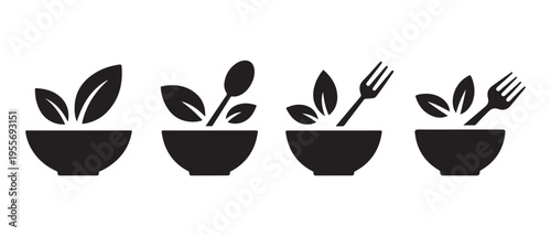 Healthy Food Bowl Icons with Leaves, Spoon, and Fork in Flat Design Style Vector Illustration.